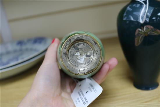 A Japanese Ginbari enamelled vase decorated with a cockerel on a green ground and a smaller vase H 7.5cm (tallest)